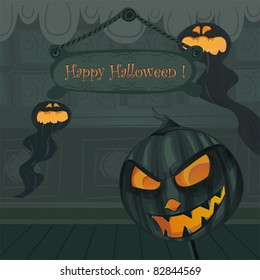 Halloween vector series.Vector Halloween template. Background inside haunted house with Jack o' lantern evil pumpkin, scary ghosts and copyspace on a wooden sign.