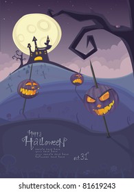 Halloween vector series.Vector Halloween template with night landscape, evil pumpkins, spooky naked tree, graveyard and haunted house with glowing moon and clouds in the back.