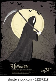 Halloween vector series.Vector Halloween theme. Grim reaper with scythe and bats.