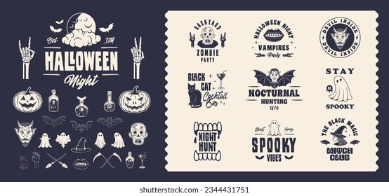 Conjunto de vectores de Halloween. Conjunto de 10 plantillas de logo de Halloween y 24 elementos de diseño para emblemas de Spooky Party, invitaciones. Impresiones para camisetas, tipografía. Ilustración del vector	