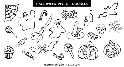 Halloween vector set with 21 hand drawn doodle elements - bat, pumpkin, ghost, candies, spider, etc. Black and white spooky elements for decoration, coloring or making patterns