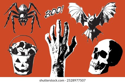 Vector de Halloween conjunto murciélago, cráneo, araña, mano, abucheo, truco o trato