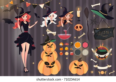 Halloween Vector set. Beautiful ginger witch broomstick. Vector illustration of Witch with different items: bones, skulls, punch, bat, candle, ribbons, halloween patterns, sweets, chalkboard, pumpkin.