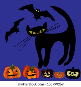 Conjunto de vectores de Halloween: gato negro, murciélago y Jack-o-lantern.