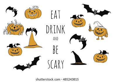Halloween vector set. Cartoon design. Hand drawn pumpkins, hats on labels  Halloween characters