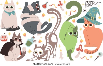 Halloween vector set with cats. For scrapbooking, greeting card, party invitation, poster