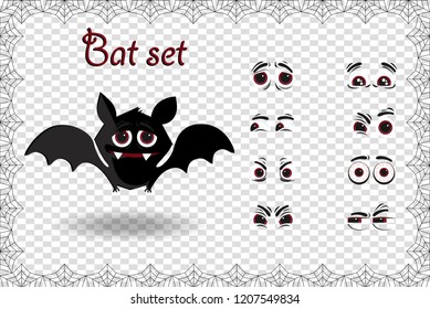 Halloween vector set for creating character of kawaii black cartoon bat with fangs and different emotions on transparent background framed with elegant spiderweb cobweb. Clip art for greeting card.