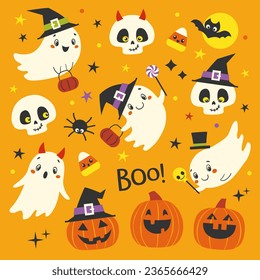 Halloween vector set of cute and funny cartoon ghosts, pumpkins, skulls, candy corns, bat and spider on bright orange background.