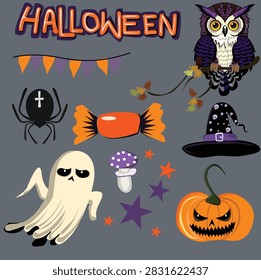 Halloween vector set with cute ghost, carved pumpkin, owl, witch hat, spider, candy, mushroom, and decorative stars isolated on neutral background