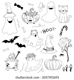 Halloween vector set. Cute ghosts, pumpkins, bats and witch's hat, cauldron of potion, cat, bones and mushrooms. Doodle elements. October holiday. Can be used in colouring book for children.