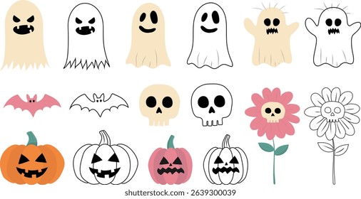 halloween vector set with cute ghosts, pumpkins, bats, skulls and spooky flowers in color and outline, perfect for kids crafts, stickers, prints and patterns