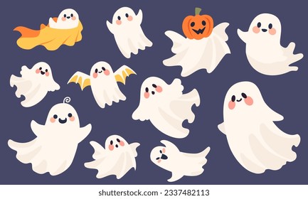 Halloween vector set. Cute kind scary ghosts. Big collection of flying ghosts 