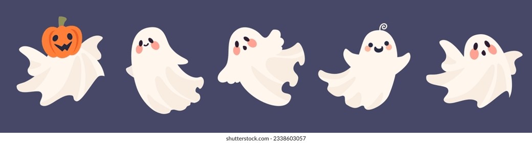 Halloween vector set. Cute kind scary ghosts. Big collection of flying ghosts 