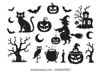 Halloween vector set, Halloween vector element silhouette, spooky black icon, Halloween vector art illustration, ghost house silhouette