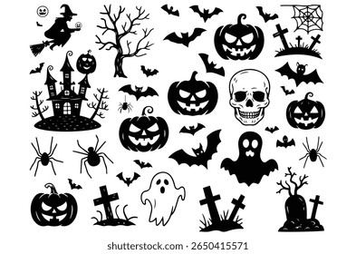 Halloween vector set, Halloween vector element silhouette, spooky black icon, Halloween vector art illustration, ghost house silhouette, Art and illustration, Pumpkin, eps, png