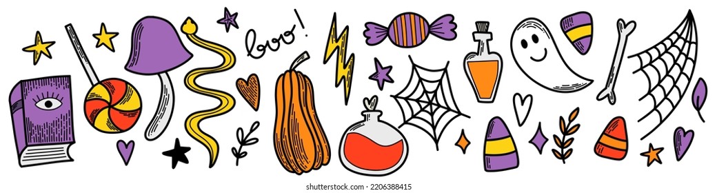 Halloween vector set of elements. Line art flat design. Pack of outline symbol. Design icons for promotion banners and cards. Pumpkin, jack o lantern, candy, poison, candle, spell, bone, magic.
