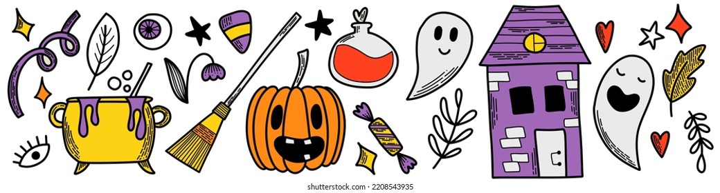 Halloween Vector Set Of Elements. Line Art Flat Design. Pack Of Outline Symbol. Design Icons For Promotion Banners And Cards. Pumpkin, Jack O Lantern, Candy, Poison, Candle, Spell, Bone, Magic.
