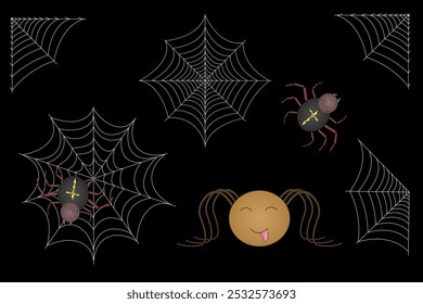 A Halloween vector set featuring spiders, webs, and a playful smiley face. Perfect for festive designs, decorations, and crafts.