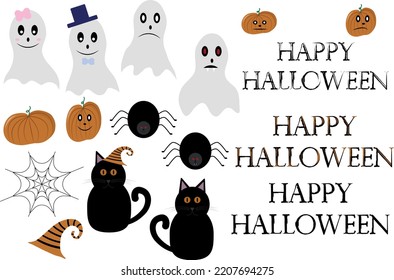 Halloween vector set. Ghosts, pumpkins, spiders, spiderweb, cats, hat, inscription for the holiday