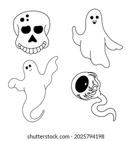 Halloween vector set with ghosts, skull and eye line art illustration on white