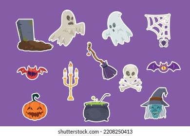 Halloween Vector set: Grave, Ghost, Spider, Bat, Broom, Witch, Pumpkin, Skull, Candel. Spooky icon for decoration and prints