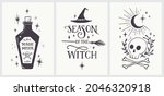 Halloween Vector Set. Hand Drawn Vintage Illustration with Magic Potion Bottle, Handwritten Season of the Witch Phrase,  Scull and Croos-bones. Isolated on a Off-White Background. Ideal as Wall Art.