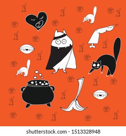 Halloween vector set with hand drawn elements. Cat, bat, broom, eyes, boiling water.