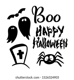 Halloween vector set of hand drawn icons - ghost, bat, grave, spider and text Boo and Happy Halloween  for party invitation, trick and treat fabric, scary ghost event greeting card. poster, banner