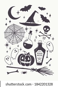 Halloween Vector Set  Hand Drawn Vintage Illustration and Funny Pumpkin  Magic Potion Bottle  Scull  Spider Web  Bones  Witch Hat  Broomstick  Scary Ghost   Bats  Isolated Off  White Background