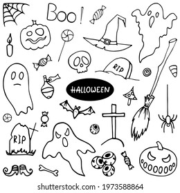 Halloween Vector set. Hand drawn cute outline doodle halloween collection.