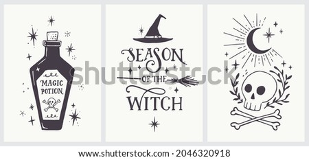 Halloween Vector Set. Hand Drawn Vintage Illustration with Magic Potion Bottle, Handwritten Season of the Witch Phrase,  Scull and Croos-bones. Isolated on a Off-White Background. Ideal as Wall Art.