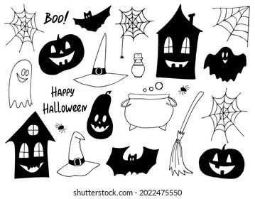 Conjunto de vectores de Halloween. Iconos blancos y negros dibujados a mano, icono del doodle de Halloween