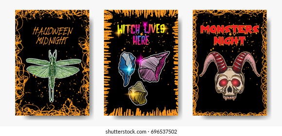 Halloween vector set of holidays card. Hand drawn greeting card invitation with handwritten calligraphy typography. Custom greetings, words and phrases. 