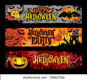 Halloween vector set of horizontal grunge banners. Flying skull, bats, haunted house, spider web,jack o lantern, pumpkin, spooky graveyard with crosses and tombstones. Happy Halloween party lettering