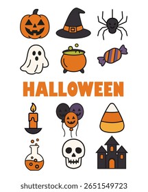 Vetor de Halloween conjunto com ícones de abóbora, fantasma, aranha, vela, doce, chapéu de bruxa, casa assombrada e poção — perfeito para design de festa assustadora e decoração sazonal