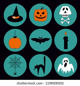 Halloween vector set of icons and symbols. Scary black background cartoon doodle. Vector illustration isolated on blue circle.