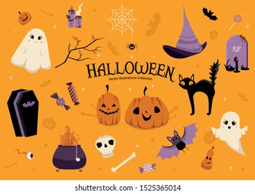 Halloween vector set of icons and symbols. Pumpkin, hat, grave, coffin, bat, ghost and other elements