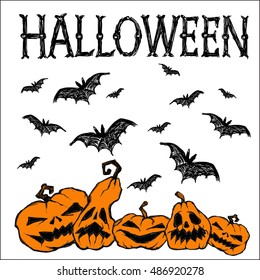 Halloween vector set illustration. Bats fly, creepy pumpkins and letters.This useful to cards, poster, invitations.