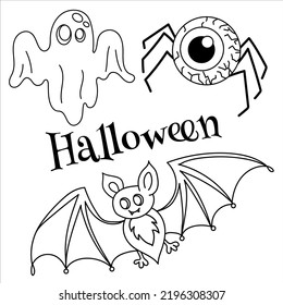 Halloween vector set illustration. Gost , bat and  spider eye doodle halloween art with isolated background for your design, print, postcard, poster, book decoration. 