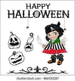 Halloween vector set illustration. Pirate, creepy framework, pumpkins and letters. This useful to cards, poster, invitations.