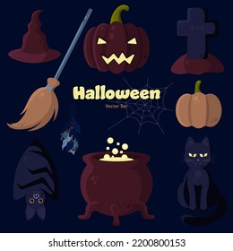 Halloween Vector Set With Jack O'Lantern, Cauldron, Broom, Witch Hat, Grave, Bat, Black Cat, Spider Web, Bouquet of Herbs. Perfect for Banners, Cards, Social Media, Printed Materials, etc. Design.