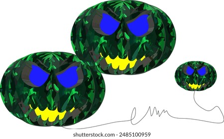Halloween vector set of line art green pumpkin silhouettes