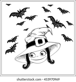Halloween vector set. Little Witch and bats. Black ink on white background. This useful to poster, card, invitation for party, coloring book.