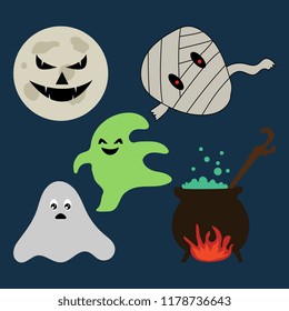 Halloween vector set with moon, mummy, ghost, and witch pot