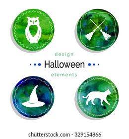 Halloween vector set. Owl, brooms, hat, black cat as icons for Halloween illustrations. White Halloween set on a watercolor background.