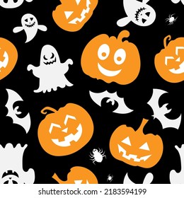 Halloween vector set. Pumpkin, bat, ghost. Simple seamless pattern.