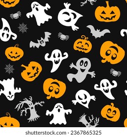 Halloween vector set. Pumpkin, bat, ghost. Simple seamless pattern.