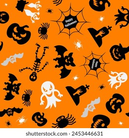 Halloween vector set. Pumpkin, bat, ghost. Simple seamless pattern.