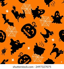 Halloween vector set. Pumpkin, bat, ghost. Simple seamless pattern.