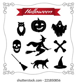 Halloween vector set. Pumpkin, hat, ghost, broom, witch, owl, bone, skull and black cat as icons for Halloween illustrations. Black Halloween set on a white background. 